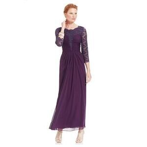 Alex Evenings Lace Gown Maxi Dress Plum Gathered Flowy